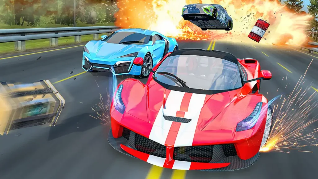 Cars racing with explosions and stunts