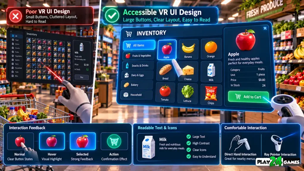 Accessible VR interface design showing readable text, large buttons, controller interaction, and visual selection feedback in a supermarket simulation.