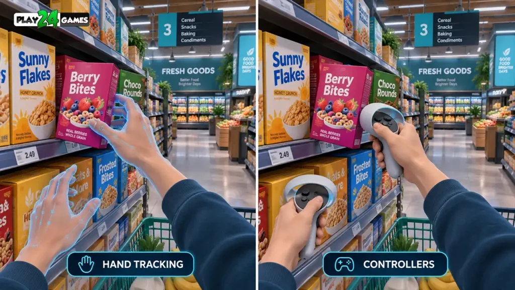 VR supermarket simulator comparison showing a product being picked up with natural hand tracking versus physical motion controllers.