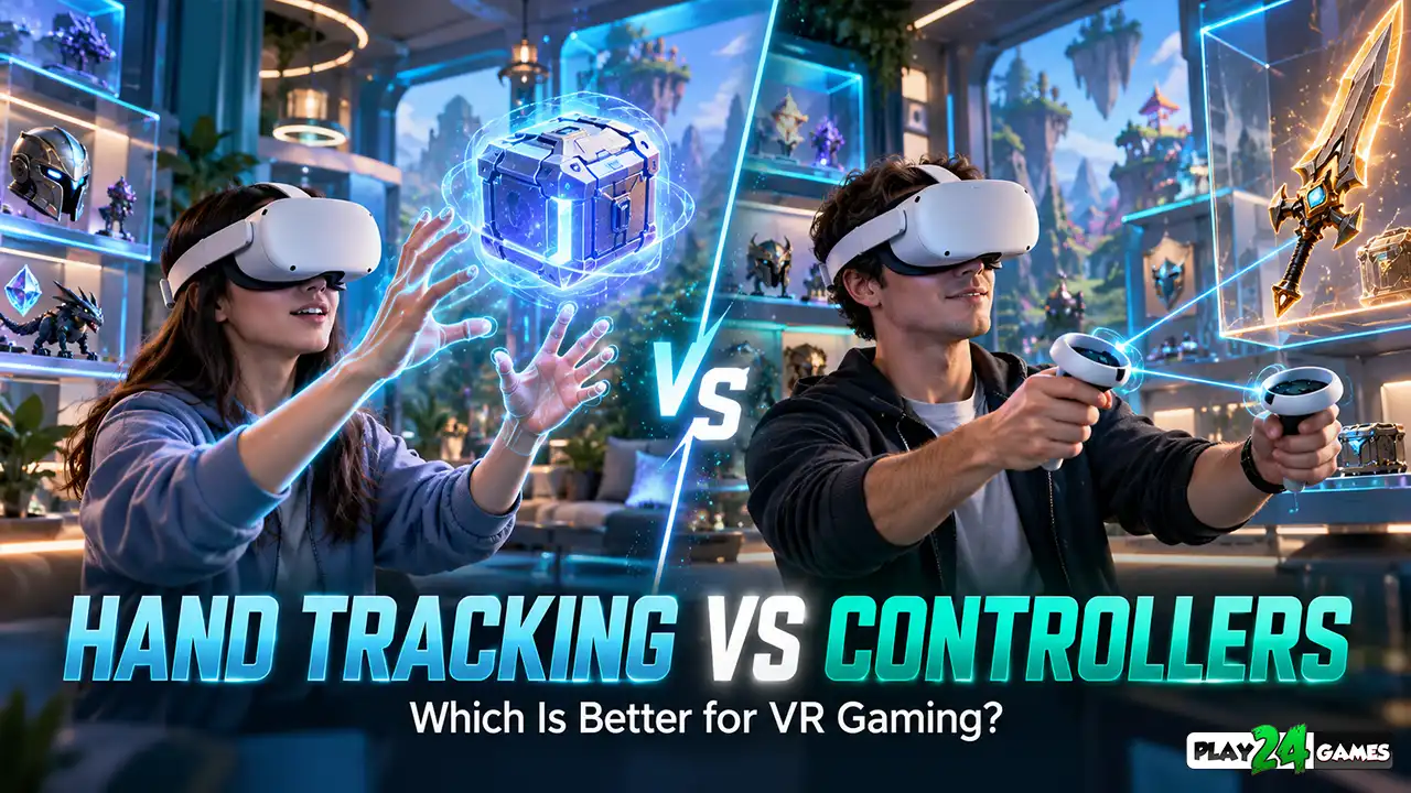 Meta Quest hand tracking vs controllers : Side-by-side comparison of VR hand tracking and motion controllers showing two different ways to interact with virtual environments.