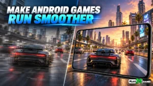 Before-and-after comparison illustrating smoother Android racing gameplay after performance optimization.