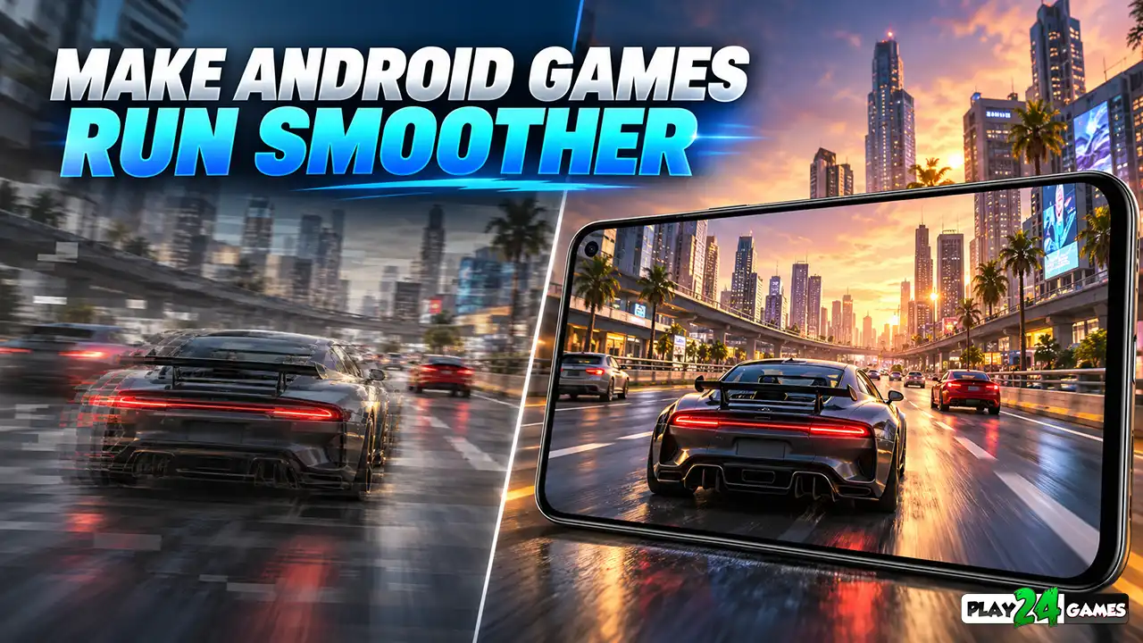 Before-and-after comparison illustrating smoother Android racing gameplay after performance optimization.