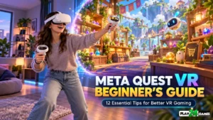 Meta Quest VR Beginner's Guide : Beginner wearing a standalone VR headset while exploring an immersive virtual shop simulation environment.