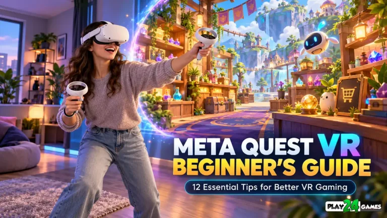Meta Quest VR Beginner's Guide : Beginner wearing a standalone VR headset while exploring an immersive virtual shop simulation environment.