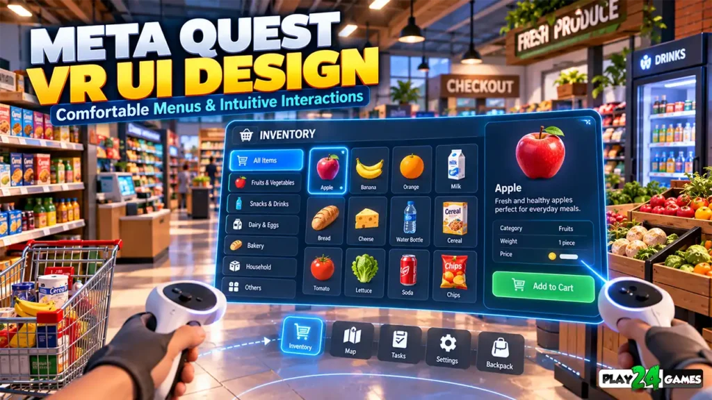 Meta Quest VR UI design illustration showing a supermarket simulation with readable floating inventory panels and intuitive virtual interactions.