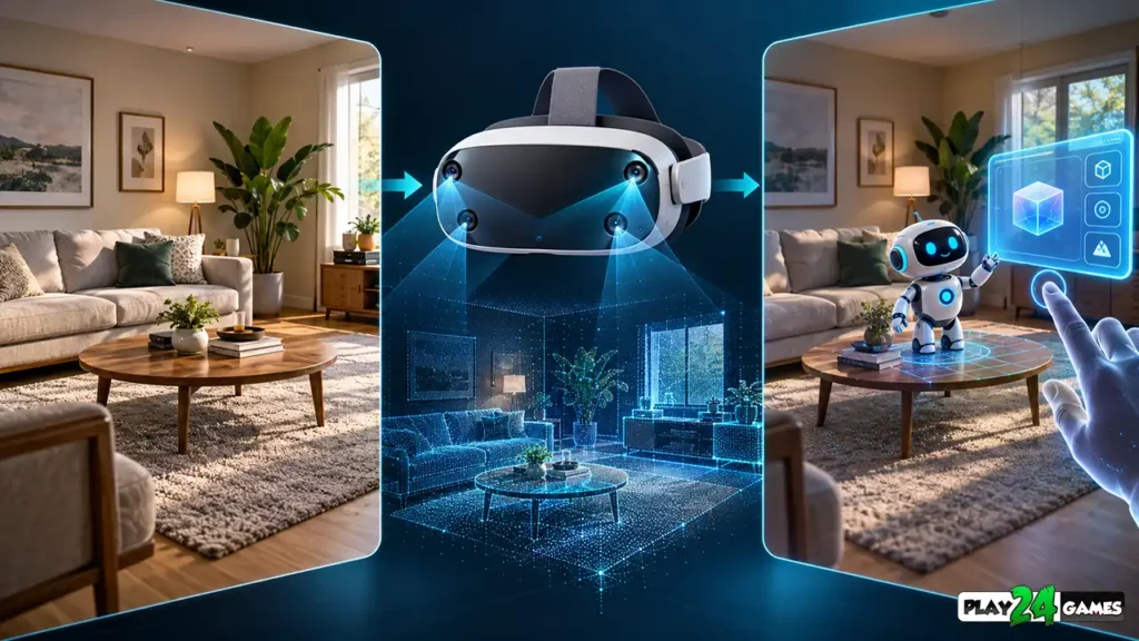 Educational illustration showing how Meta Quest passthrough displays a physical living room and combines it with virtual objects in mixed reality.