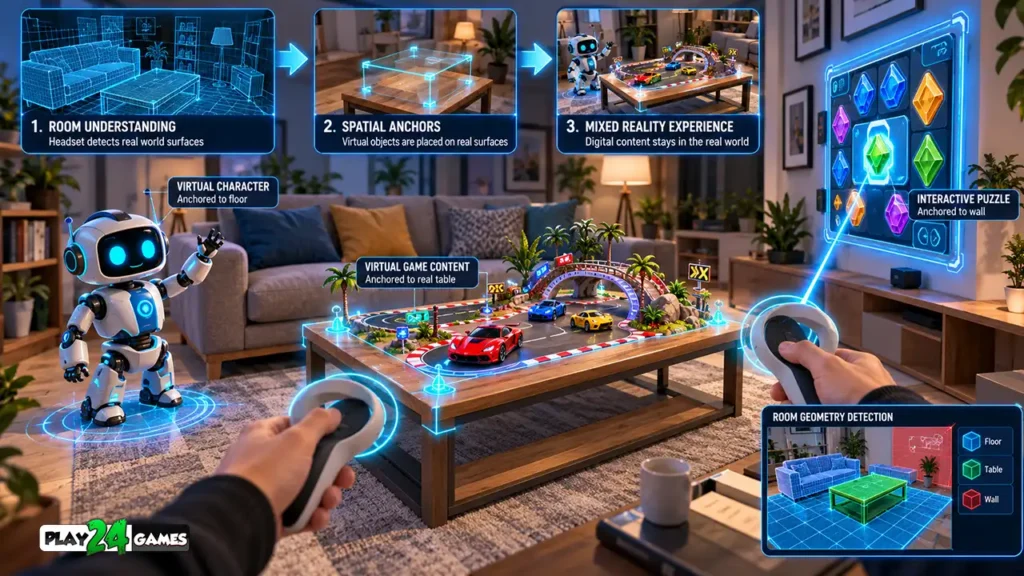 Mixed reality living room showing a virtual racing track on a real table, a digital robot on the floor, and spatial anchors positioning virtual objects.