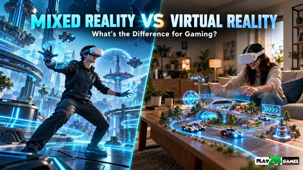 MIXED REALITY VS VIRTUAL REALITY Split-screen comparison showing fully immersive virtual reality gaming and mixed reality gaming with digital objects appearing inside a real living room.