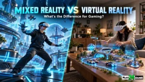 MIXED REALITY VS VIRTUAL REALITY Split-screen comparison showing fully immersive virtual reality gaming and mixed reality gaming with digital objects appearing inside a real living room.