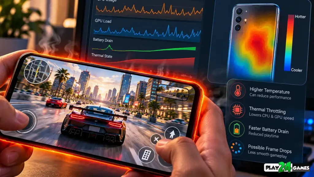 Smartphone running a 3D racing game with a thermal visualization illustrating heat buildup during mobile gaming.