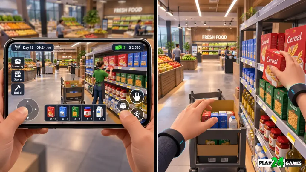 Side-by-side comparison of mobile supermarket simulator controls and immersive VR shelf-stocking gameplay.