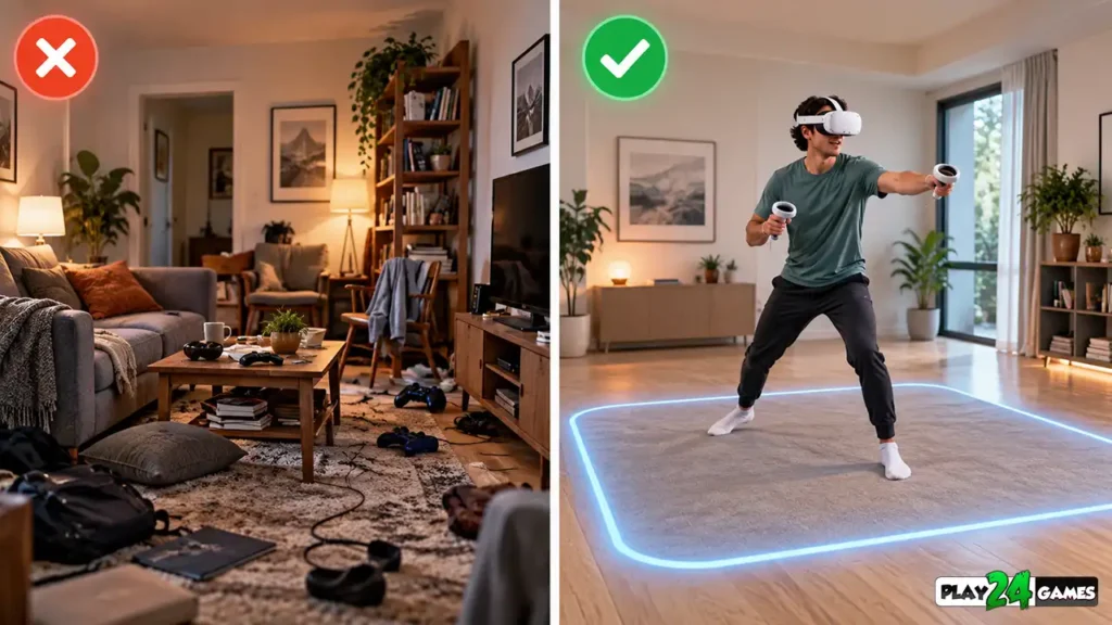 Comparison of cluttered and clear VR gaming spaces illustrating the importance of preparing a safe play area.