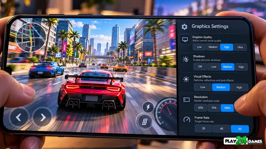 Android racing game graphics settings showing quality, shadows, effects, resolution, and frame-rate options.