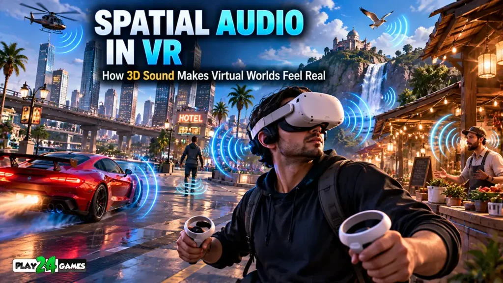 Meta Quest spatial audio concept showing a VR player surrounded by directional sound waves from objects in a virtual environment.