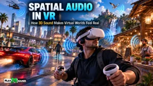 Meta Quest spatial audio concept showing a VR player surrounded by directional sound waves from objects in a virtual environment.