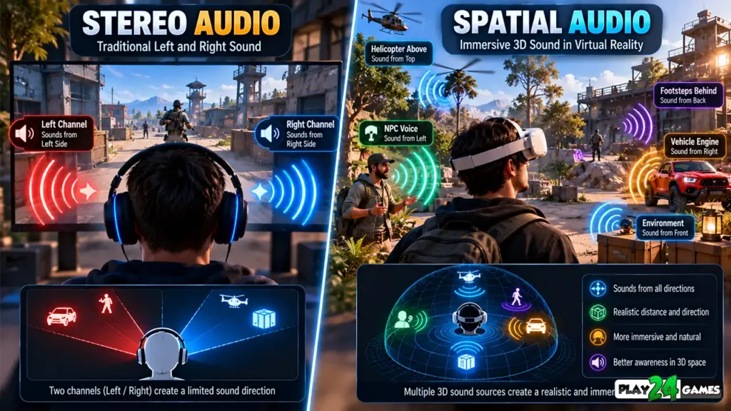 Educational comparison showing traditional left-right stereo sound and three-dimensional spatial audio around a VR player.
