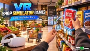 VR shop simulator games : Immersive VR supermarket simulation showing virtual hands arranging products on shelves inside a colorful 3D store.