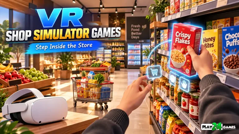 VR shop simulator games : Immersive VR supermarket simulation showing virtual hands arranging products on shelves inside a colorful 3D store.