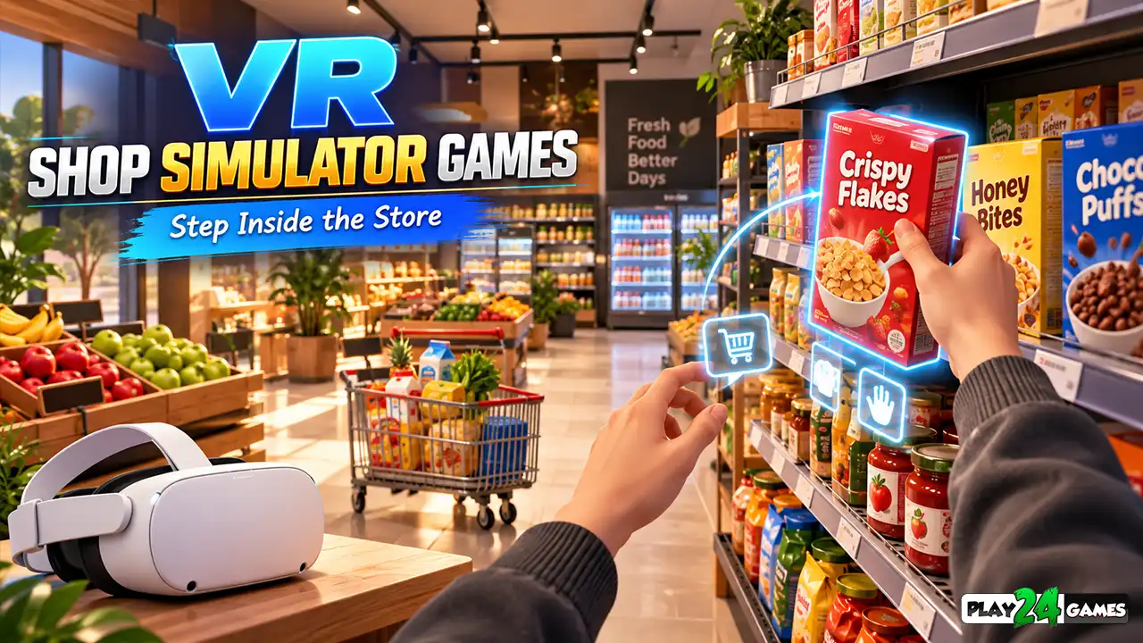 VR shop simulator games : Immersive VR supermarket simulation showing virtual hands arranging products on shelves inside a colorful 3D store.