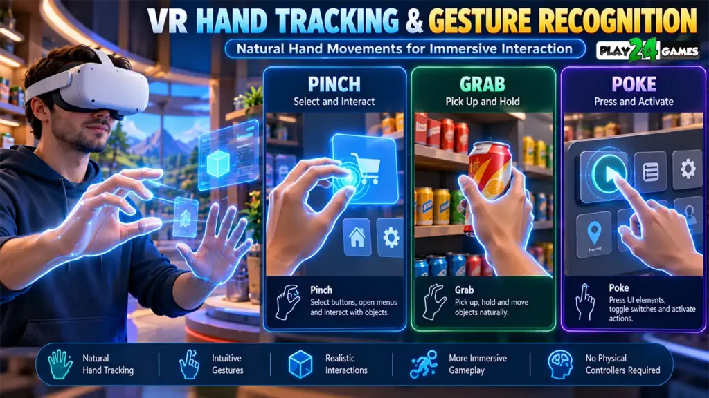 VR hand tracking illustration demonstrating pinch, grab, and poke gestures for interacting with virtual objects and menus.