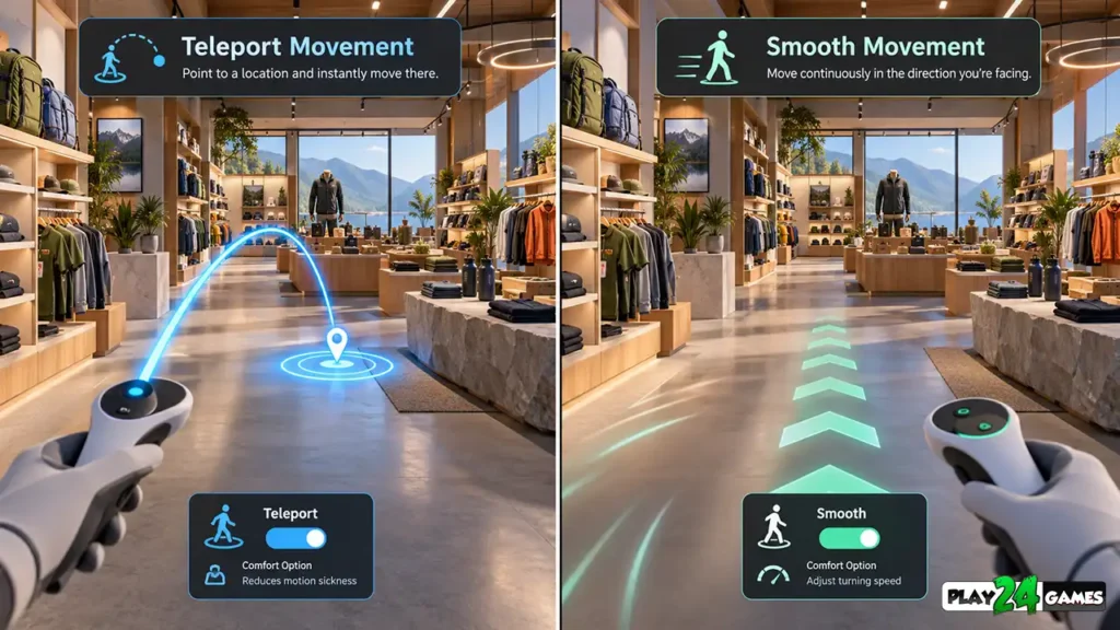 Side-by-side comparison of teleport and smooth locomotion methods used in virtual reality games.