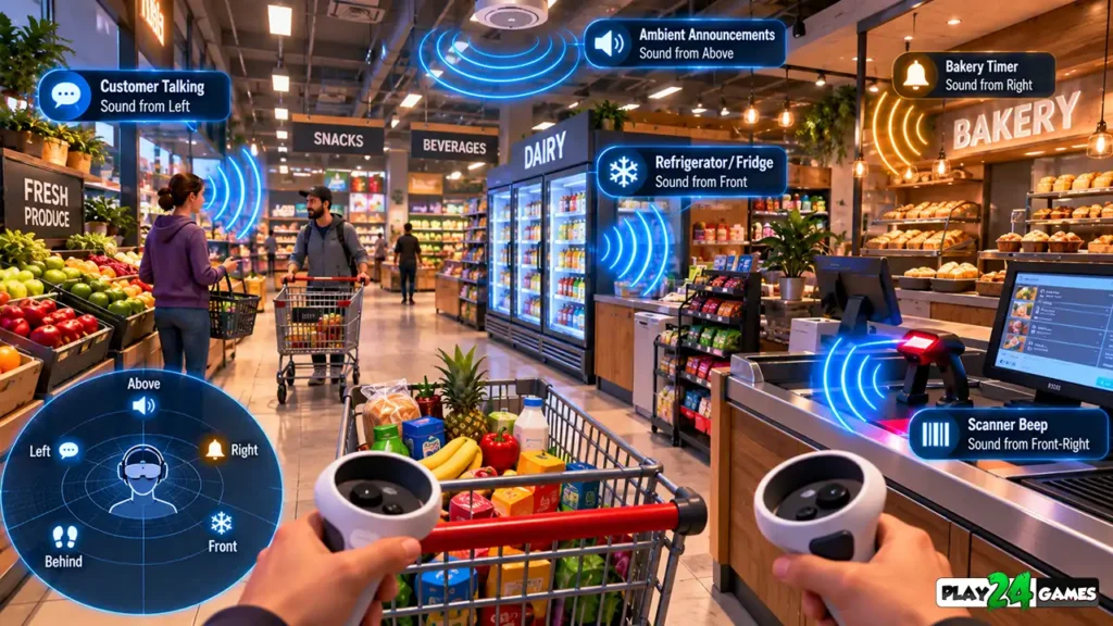 VR supermarket simulation environment illustrating spatial audio from a checkout scanner, refrigerator, customer, and bakery equipment.