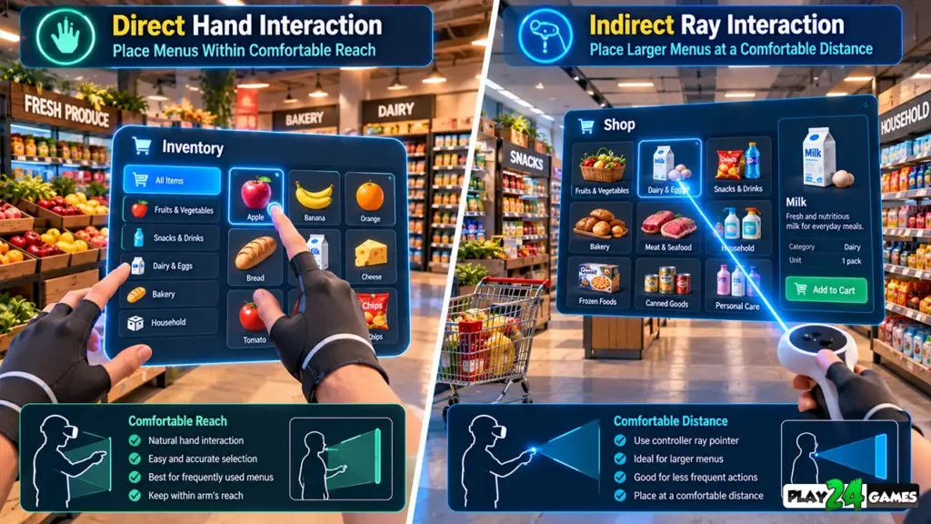 Comparison of direct hand interaction and controller ray selection for VR menus positioned at different viewing distances.