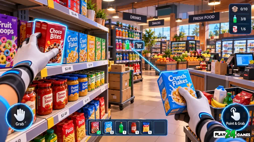 VR shop simulator interaction showing virtual hands grabbing products and selecting merchandise using direct and distance-based controls.